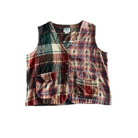 Vintage 90s flannel patchwork plaid bottom down vest - Picture 1 of 5